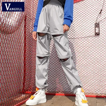 

Vangull Street Style Cargo Pants Women Silver Zipper Patchwork Pantalon Long Female Streetwear 2019 High Waist Jogger Trousers