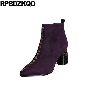 

2018 ankle short suede pointed toe metal fur vintage women boots winter brand rivet purple shoes zipper stud high heel chunky