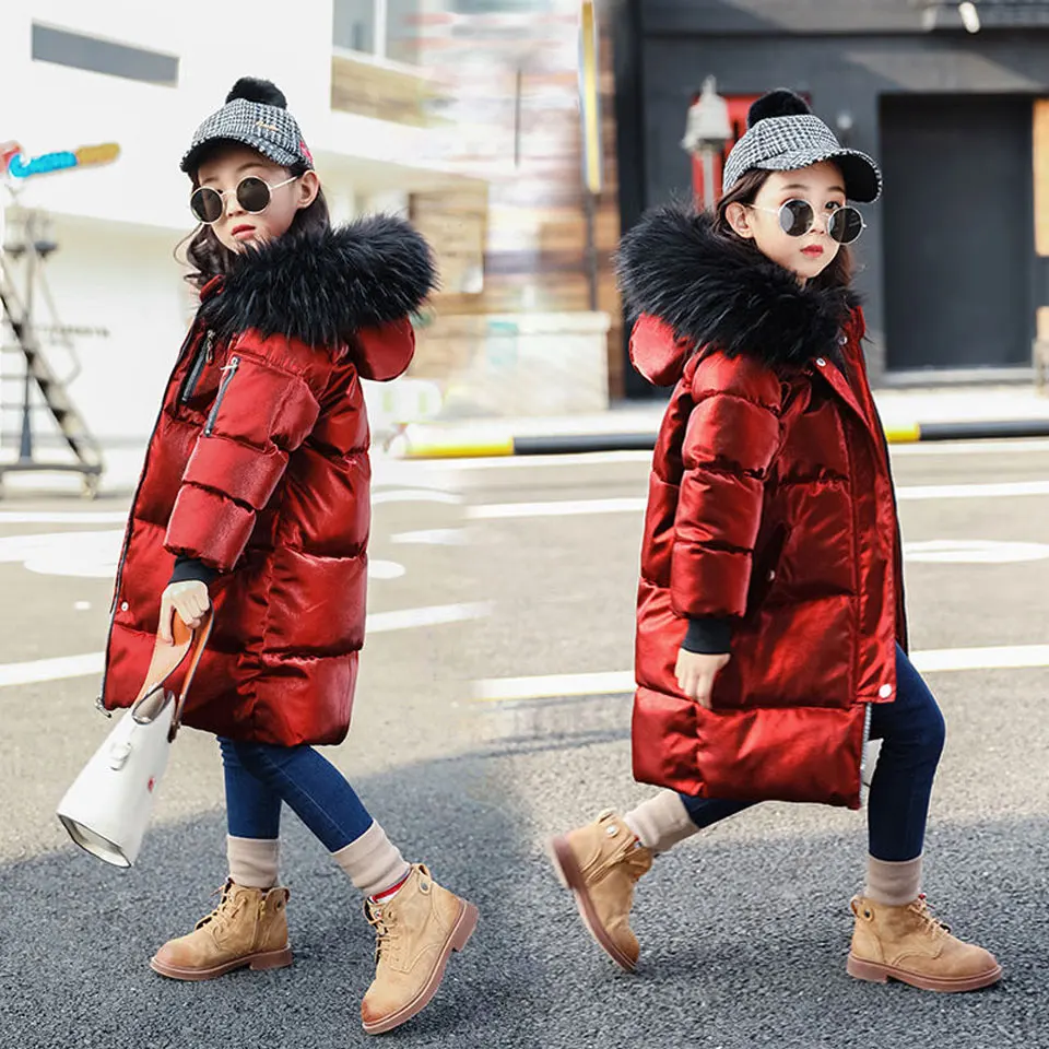 

2018 New Winter Big Girls Warm Thick Jacket Outwear Clothes Cotton Padded Kids Teenage Coat Children Faux Fur Hooded Parkas