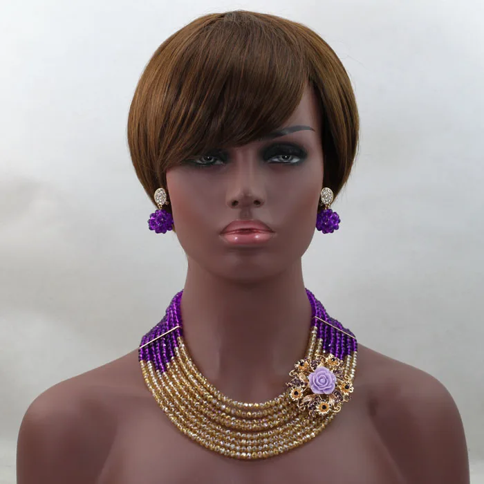 

Fashion Purple African Wedding Party Beads Necklaces Bracelet Earrings Set Nigerian Wedding Crystal Beads Jewelry Set HX484