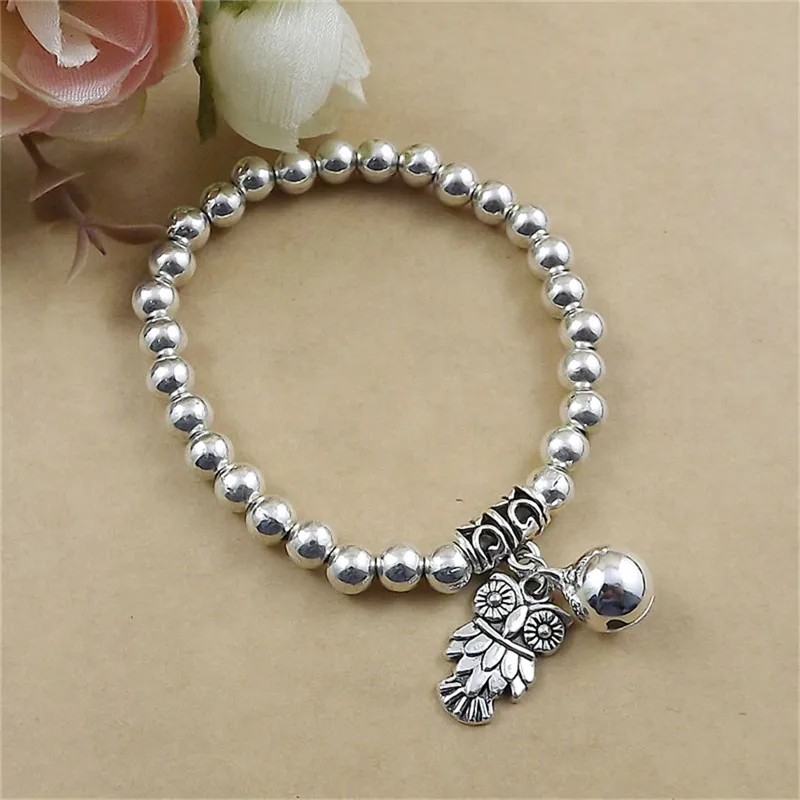 

Owl Bird Animal Wisdom Design Silver tone beads Bracelet Wholesale Fashion Jewelry Silver Jingle bell Charm Bracelet Chain