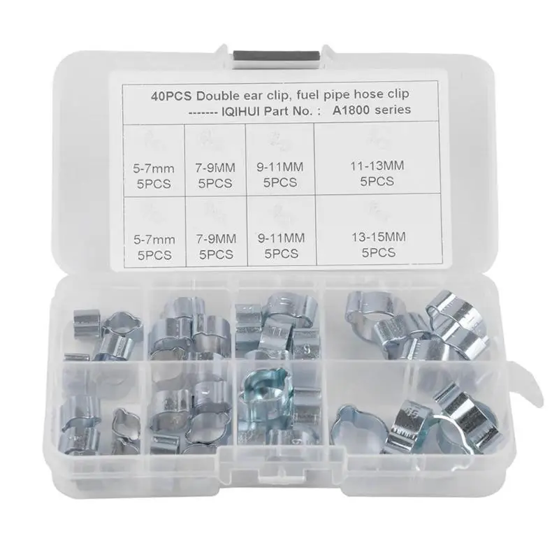 

40/80/100Pcs 5/6/11Sizes Double Ear Hose Clamps Fuel Pipe Water Hose Clamp O Clips Adapter Carbon Steel Car Fuel Tube Connector