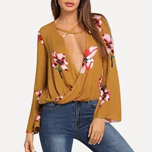 Fashion Women's Chiffon Shirt with Printed flower Deep V-collar Long Sleeve for women refreshing long sleeve tiny flower printed flounced dress for women