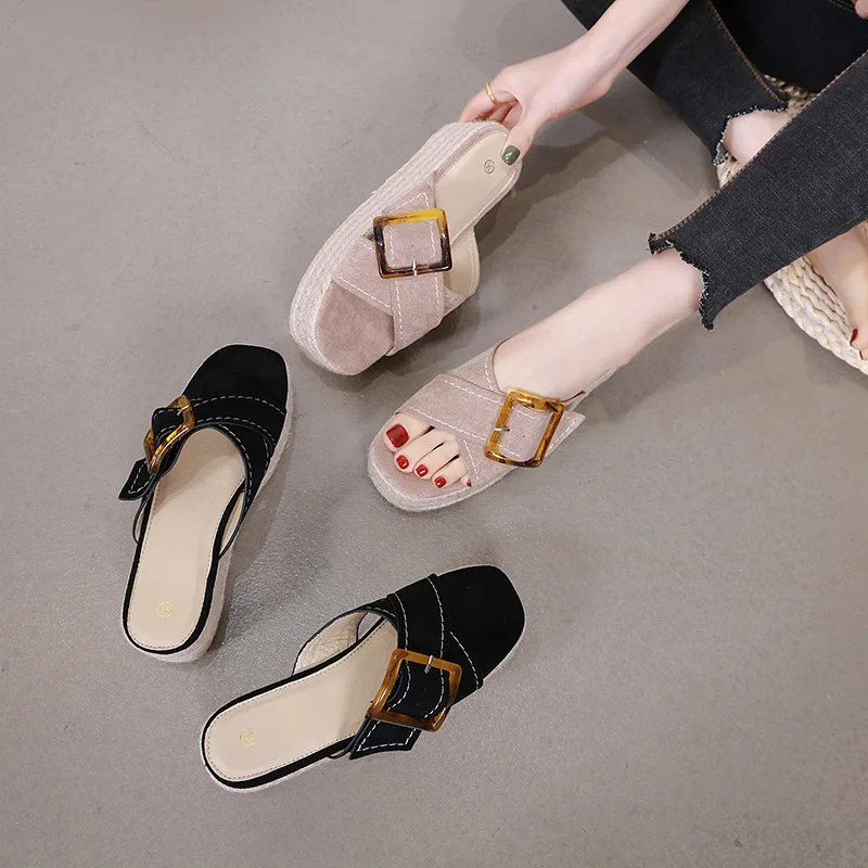 

Clogs Platform Leather Retro Summer Ladies Square Buckle Slippers New 2019 Med Female Wedge Heel Outside With Spring Slides