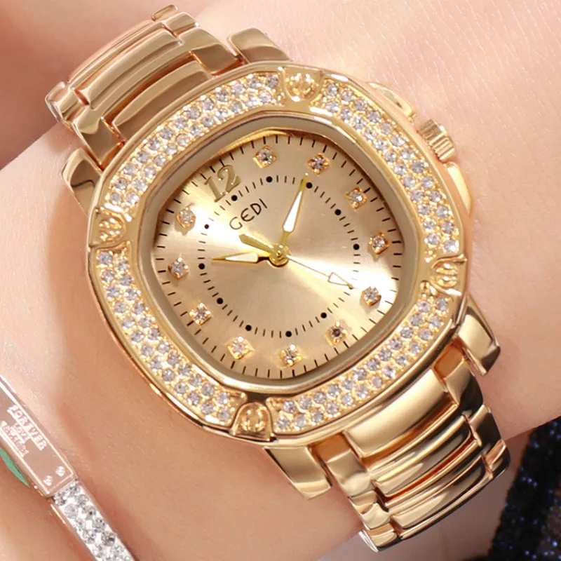 

2019 Luxury Brand Gold Quartz Ladies Watch Stainless Steel Strap with Diamond Square Waterproof Female Wristwatch Women Watches