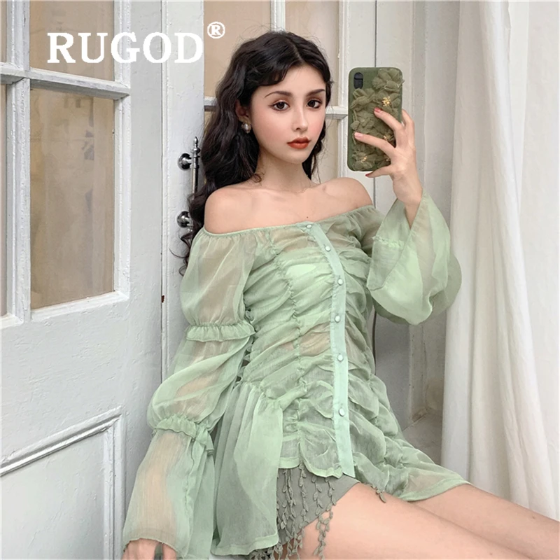 RUGOD офисный Дамский светильник зеленая шифоновая блузка сексуальные рубашки с