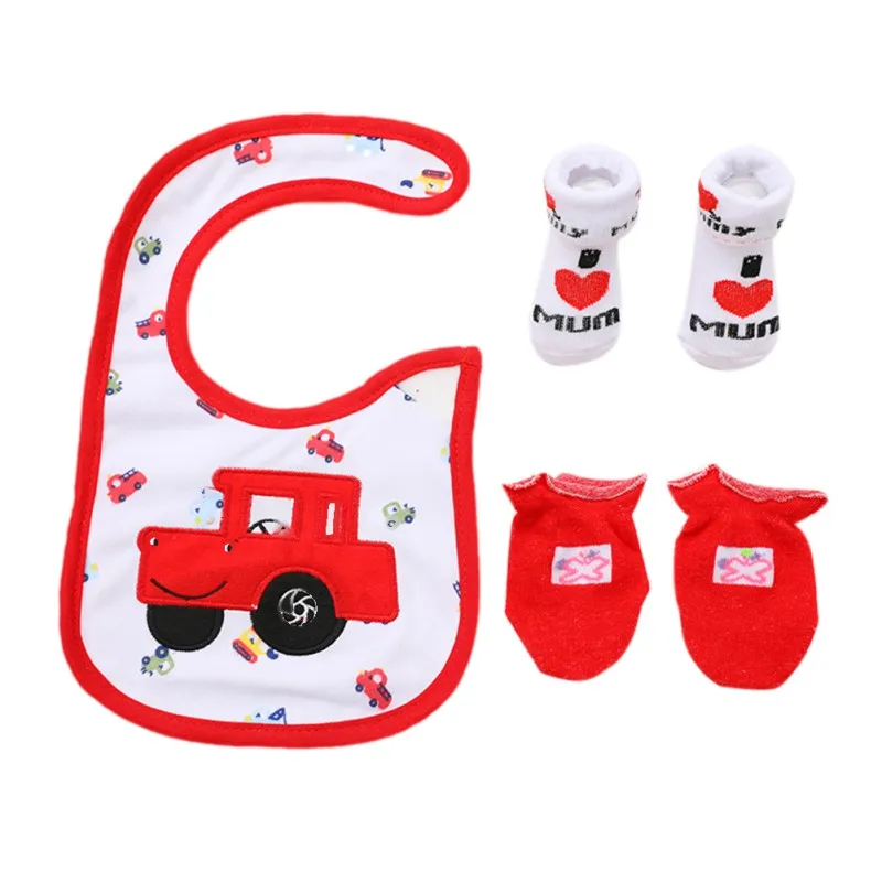 

Baby Cartoon Cotton Bib + Printing High Tube Cotton Socks + Cotton Printing Anti-Grab Gloves 3PCS Children's Accessories H
