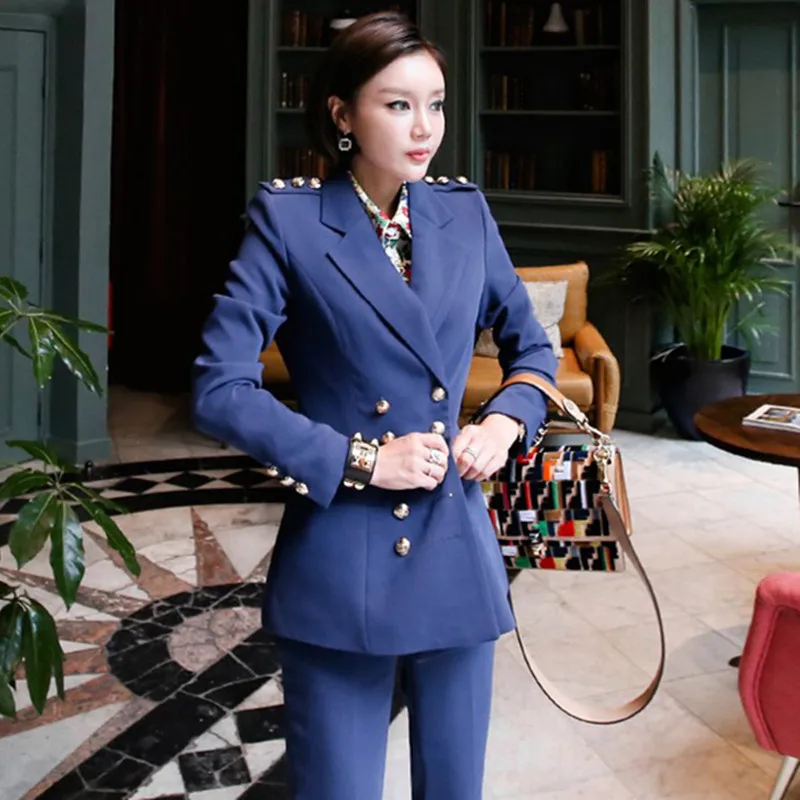 

Fall Winter New Women's Blue OL Work wear Suit Slim Full Sleeve Double-breasted Blazer Coat and Ankle-length Pant 2 Piece set