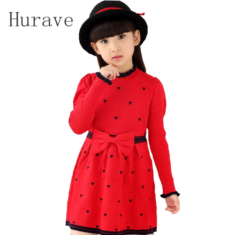 Hurave/зимнее платье-свитер для девочек; свитер с бантом; Одежда для девочек; платья-свитера в английском стиле; зимняя одежда для маленьких девочек