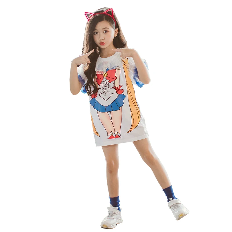 

Harajuku Anime Sailor Moon Printing Dress Cosplay Japanese Sweet Children Girls Cartoon Patchwork Mesh Petal Sleeves Dress