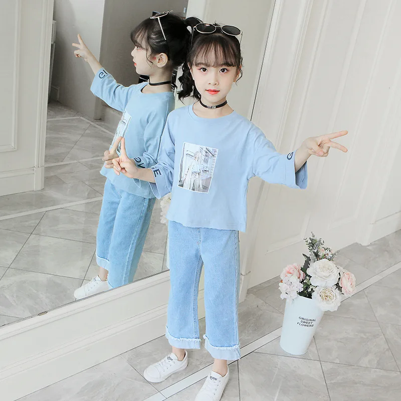 

2019 spring and autumn children's wear girls casual printing T-shirt with denim wide-leg pants two-piece children's suit