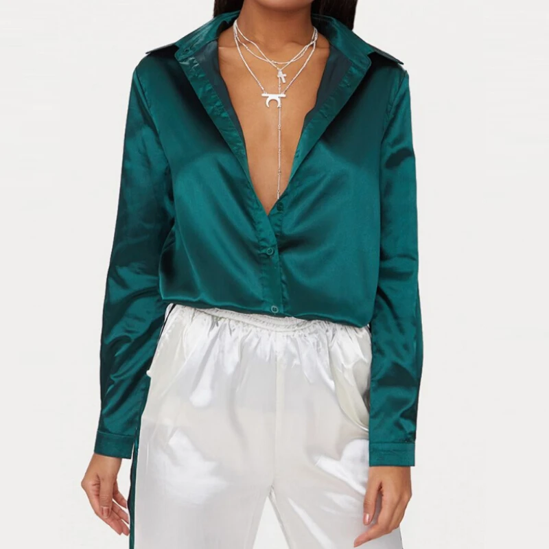 

Full Sleeve V Neck Blouse Shirt Women's Solid Green Blouses Ladies Loose Top Sexy Club Party Women Shirts