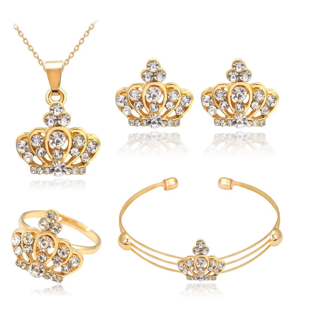 Women Crown Jewelry Set Rhinestone Inlaid Necklace Bracelet Open Ring