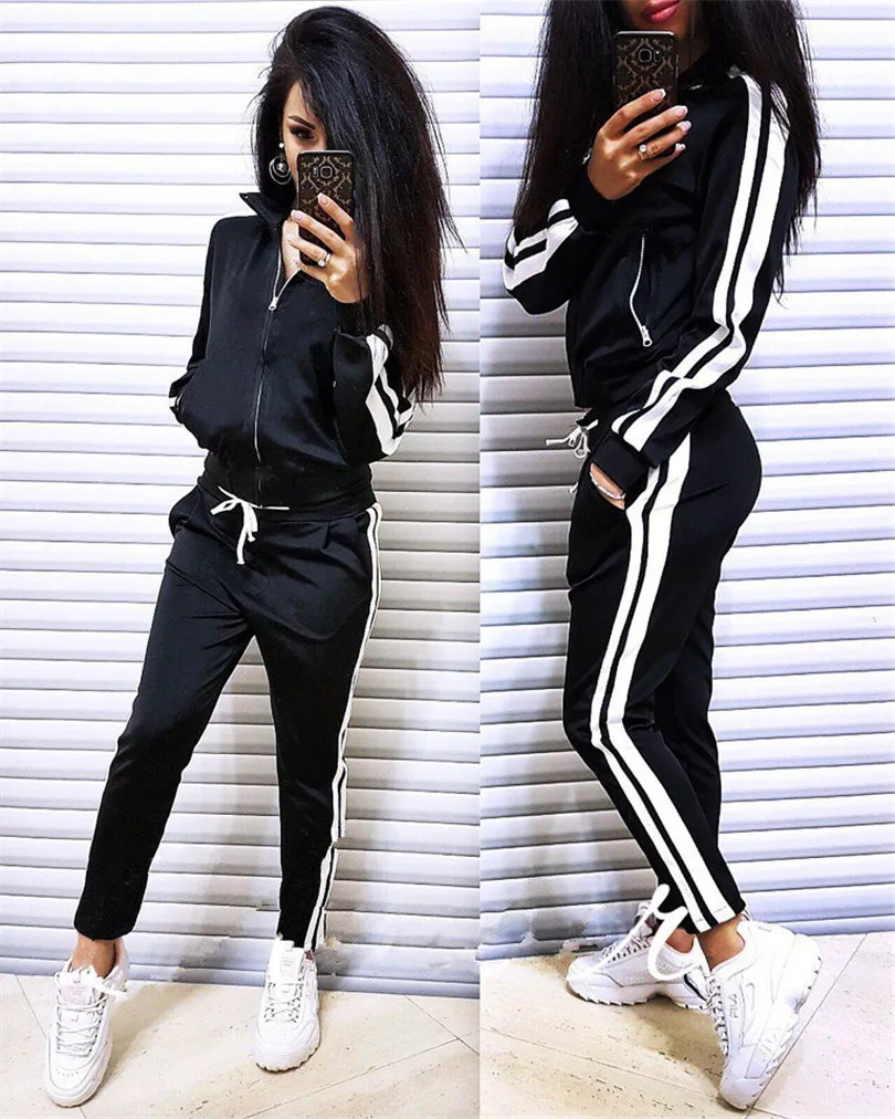 

Tracksuit Spring Women Cotton Polyester Zipper Casual 2 Pieces Set Fashion 2018 Female Cropped Top Pullover And Trousers Suit