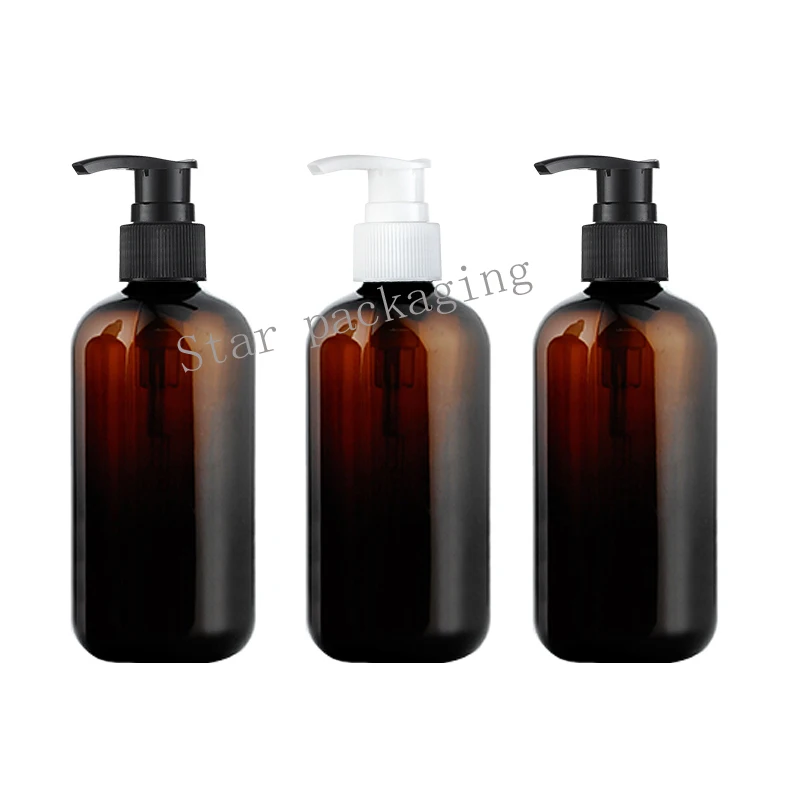 20pcs 250ml brown round shampoo press pump bottle plastic PET Empty