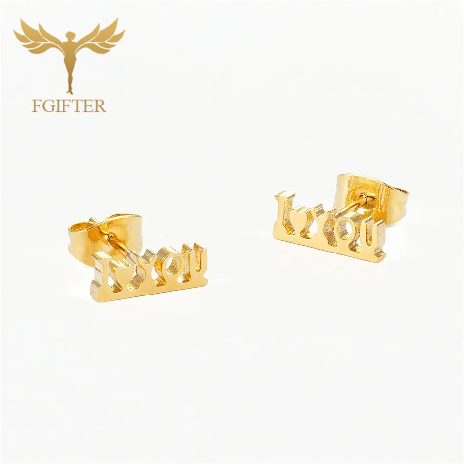 Fgifter Romantic Love Word Earrings For Lovers Gold Color Steel Stud Earring Cute Small Studs Lovers Fgifter Romantic Love Word Earrings For Lovers Gold Color Steel Stud Earring Cute Small Studs Lovers