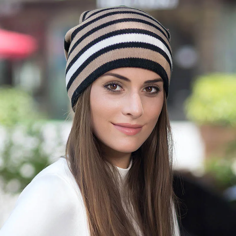 

Spring Winter Ski Cap Women Hat Knitted Cap Casual Solid Color Skullies beanie Cap 5 Colours striped Wool Blends Thick Hat