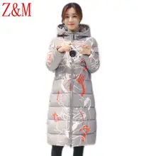 Winter printing Parka long Korean women’s self-cultivation down jacket thicker Hooded coat