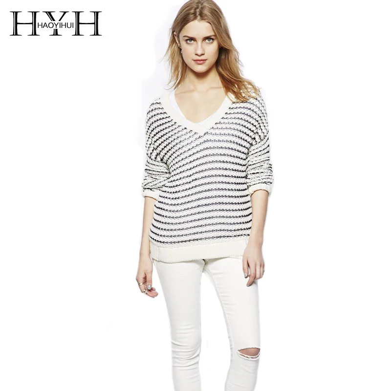 HYH HAOYIHUI 2018 Fashion Sexy Black-white Stripe Women Sweater Female Long Sleeve V-neck Knit Casual Pullover Sweaters Lady