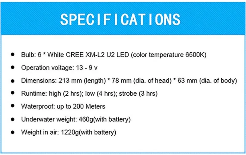 Погружение ручка фонарика подводный дайвинг светильник* XM-L2 U2 светодиодный профессиональный фонарь 5000 лм 18650 литий-ионный аккумулятор* 6 встроенный