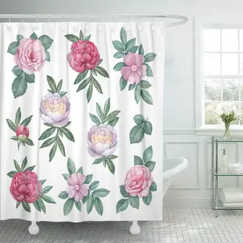 

Shower Curtain with Hooks Pink Botanical Watercolor Flowers Flora Ancient Antique Artistic Bloom Blossom Botany Bathroom