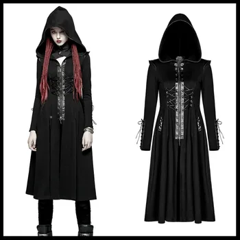 

Steampunk Gothic Fashion Women Long Coat Punk Handsome Hooded Trench Coats Stage Perform Windbreaker Overcoats