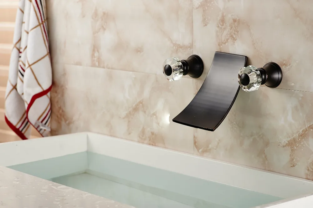 

Modern Oil Rubbed Bronze Waterfall Spout Bathroom Faucet Crystal Handles Mixer