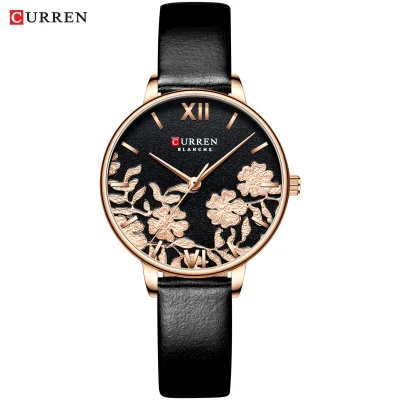 CURREN 9065, женские часы из нержавеющей стали, стильный топ-браслет, классические кожаные кварцевые наручные часы, простые женские часы с цветком из розового золота - Цвет: Black 2