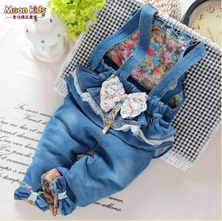 

wholesale 1 lot = 4 piece free shipping spring autum girls bow denim bib pants infant jumpsuit