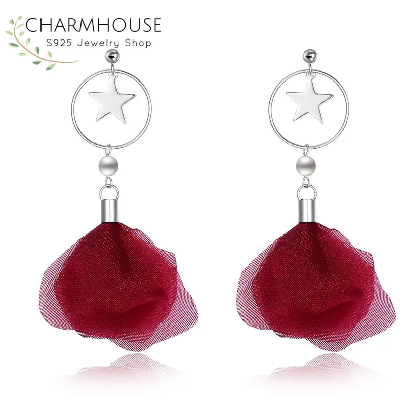 

Silver Sterling 925 Earrings for Women Star Drop Earring with Pearl Red Flower Dangle Earrings Pure Silver Jewelry Gift for Girl