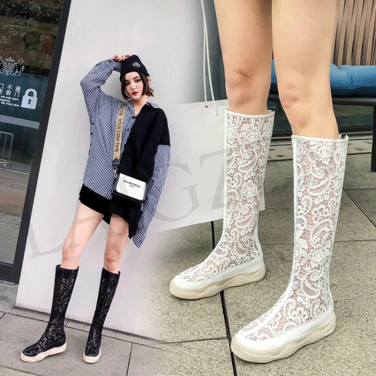 LAIGZEM GRACE Women Knee High Boots Lace SUMMER Boots Flat Thick Bottom Botas Shoes Woman Bottes Femme Small Big Size 32-46