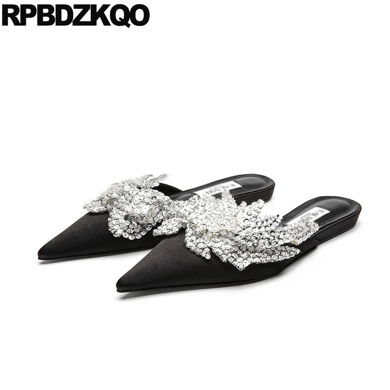 

Slip On Peach Black Satin Rhinestone Chinese Pointed Toe Crystal Women Dress Shoes Size 35 Mules China Handmade White Slippers