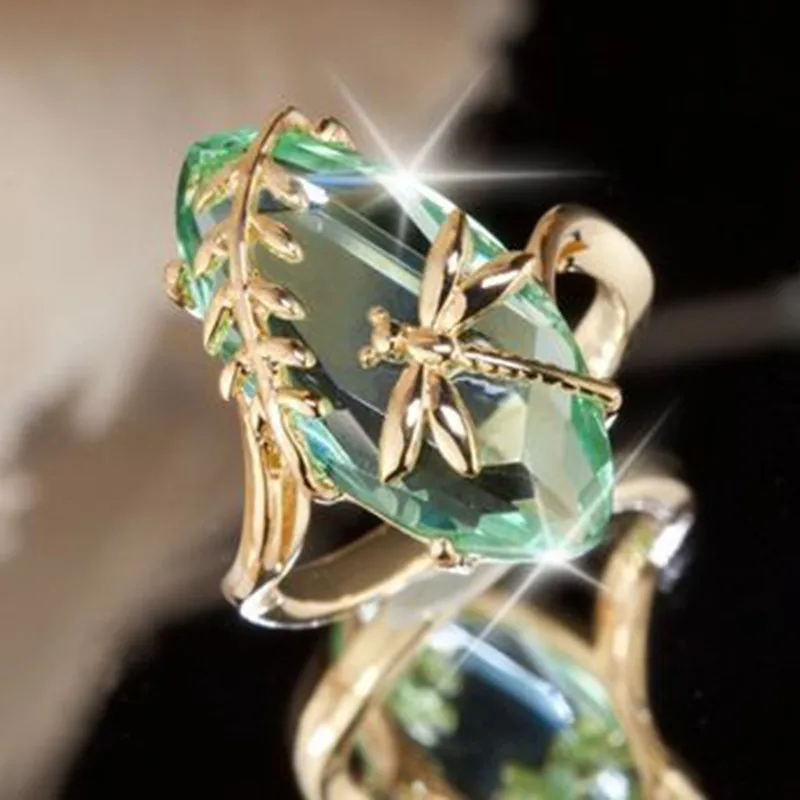 MDNEN новое ретро зеленое каменное Золотое кольцо со стрекозой для женщин девушек Подарок на день рождения Винтажные Ювелирные изделия блестящие кольца - Цвет основного камня: Green