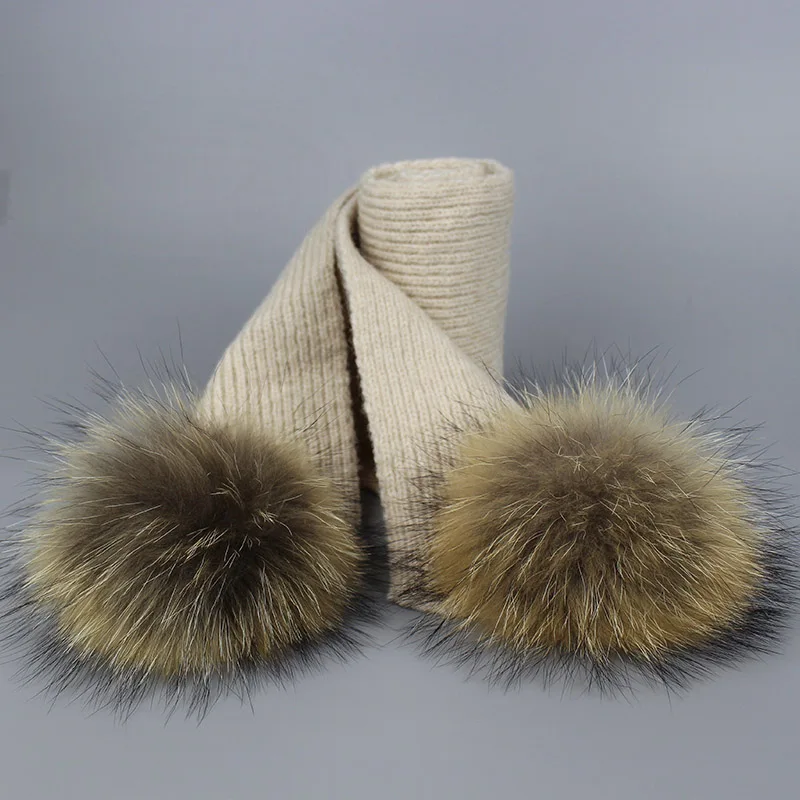 Scarf Beige Зимний шарф для детей и взрослых, набор для девочек и мальчиков, детский вязаный женский шарф с натуральным лисьим мехом и помпонами, детская шаль - Цвет: Scarf Beige