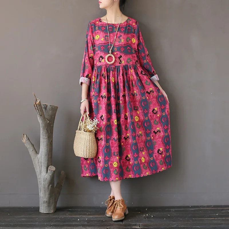 Long sleeve Flower Print Autumn Dress Women Loose Casual Vintage Cotton ...