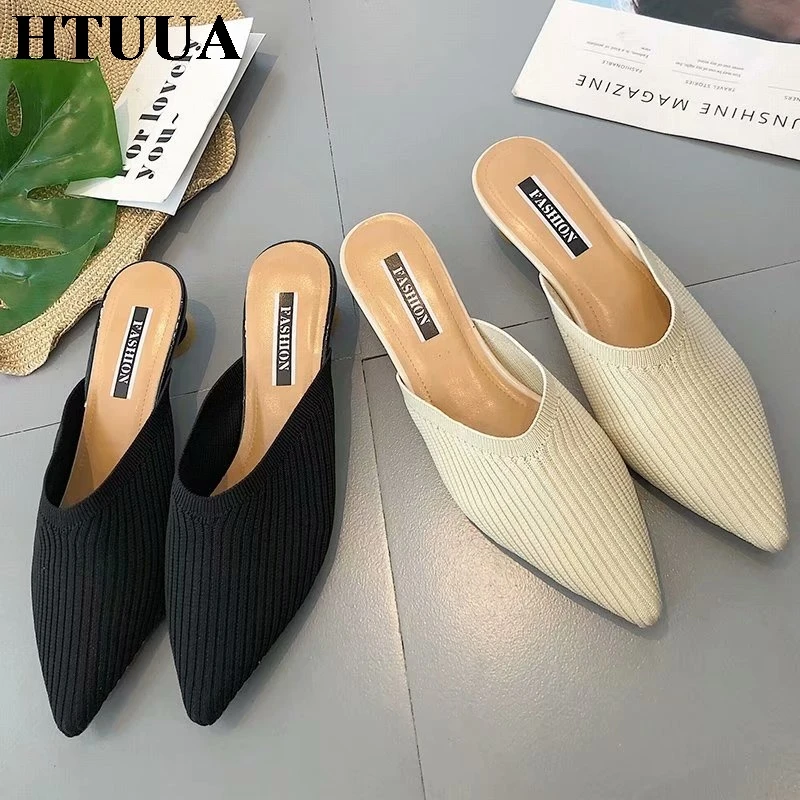 

HTUUA 2019 Spring Summer Sexy Point Toe Mules Shoes Women Elastic knitting Slippers Ladies Casual Slip On Heel Slides SX2697