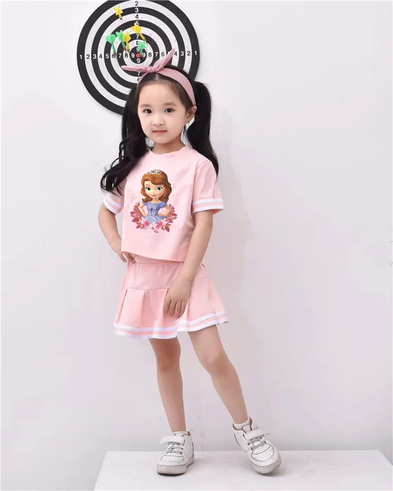 Детская одежда летняя футболка с короткими рукавами и юбка с рисунком Софии спортивные костюмы для малышей, комплект одежды для маленьких девочек, vetement enfant fille