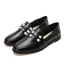 Новинка года; Черная Женская обувь; большие размеры 40-41; женские лоферы на плоской подошве с жемчужными заклепками; модная рабочая обувь на плоской подошве; zapatos mujer obuv