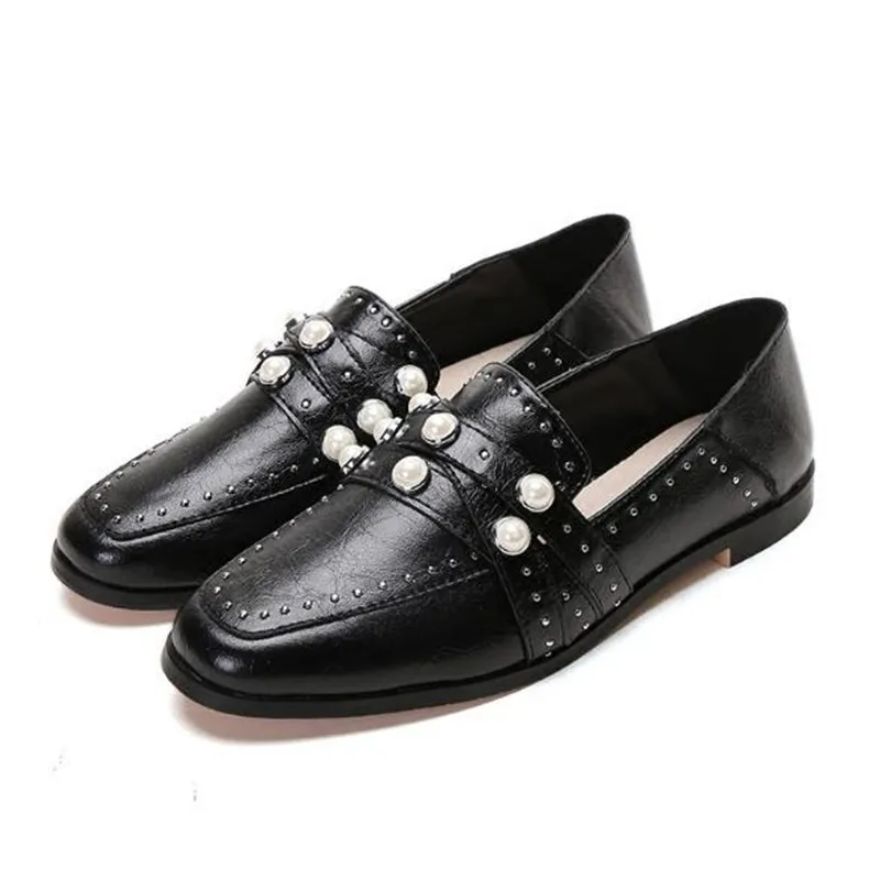 

2018 new black Women shoe Plus Size Pearl rivet Moccasin Flats Female Loafers Free shipping zapatos mujer