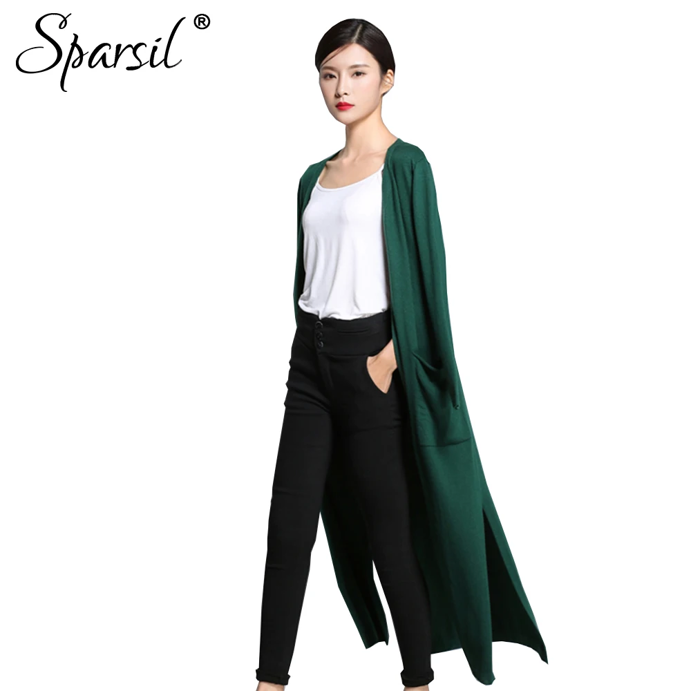 

Sparsil Women Autumn Wool Long Cardigans Solid Knitted Side Silt Cardigan Pockets Long Sleeve Sweaters Loose Female Jersey
