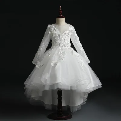 Elegant White Lace Flower Girl Dress Party Pageant Gown Appliques Princess Wedding Dress Long Sleeve First Communion Dresses Elegant White Lace Flower Girl Dress Party Pageant Gown Appliques Princess Wedding Dress Long Sleeve First Communion Dresses