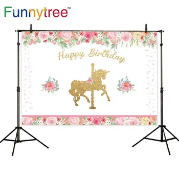 

Funnytree backgrounds for photography studio Carousel theme birthday party flower golden horse child backdrop photocall shoot