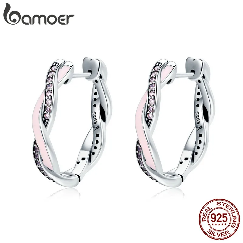 BAMOER Authentic 100% 925 Sterling Silver Pink & Clear CZ Twist Of Fate Hoop Earrings for Women Fashion Earrings Jewelry SCE297 цена BAMOER Authentic 100% 925 Sterling Silver Pink & Clear CZ Twist Of Fate Hoop Earrings for Women Fashion Earrings Jewelry SCE297 цены онлайн