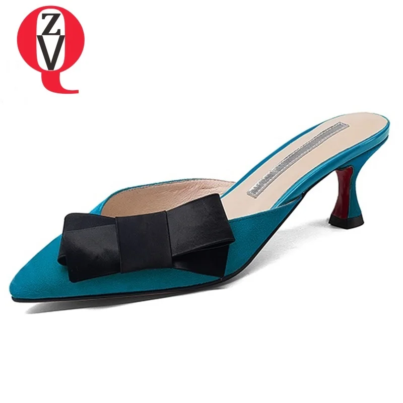 

ZVQ shoes woman 2019 summer new fashion pointed toe kid suede shallow bowtie outside high thin heels three colors woman shoes
