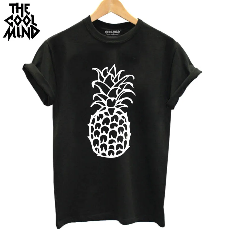 

THE COOLMIND Top Quality Loose 100% Cotton Short Sleeve Pineapple Printed Women T Shirt Casual O-Neck Summer Knitted Tees Shirt