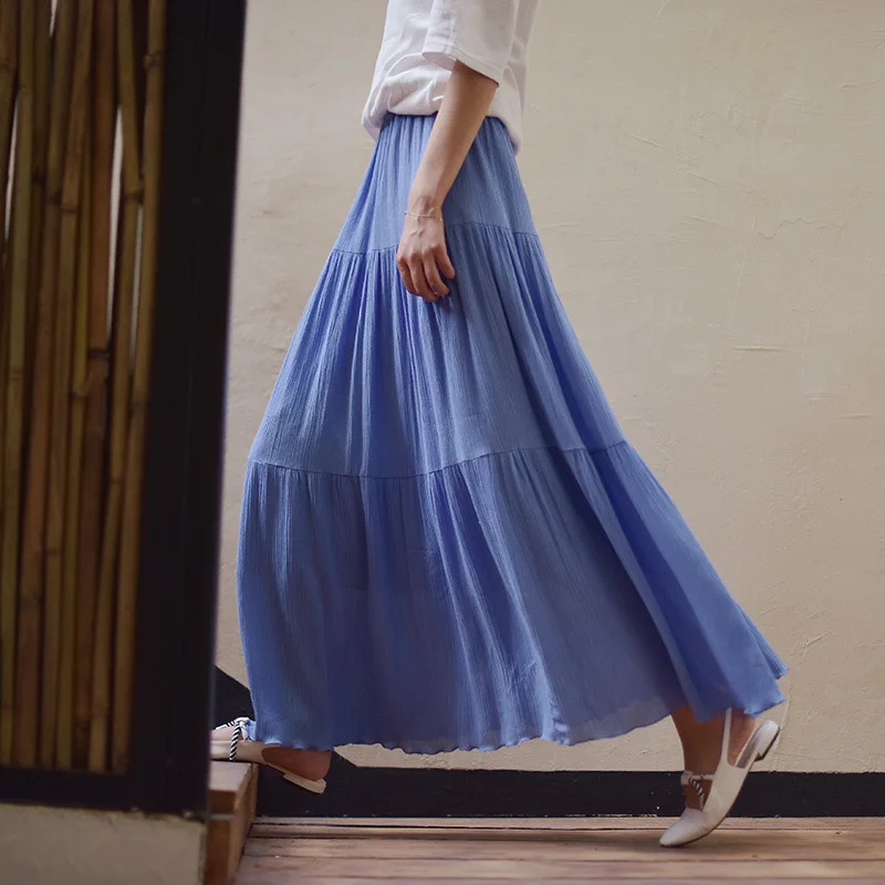 

Cotton Linen Long Skirt Elastic Waist Beach Maxi Pleated Blue Skirt Solid A Line Autumn Vintage long Skirt for Women faldas
