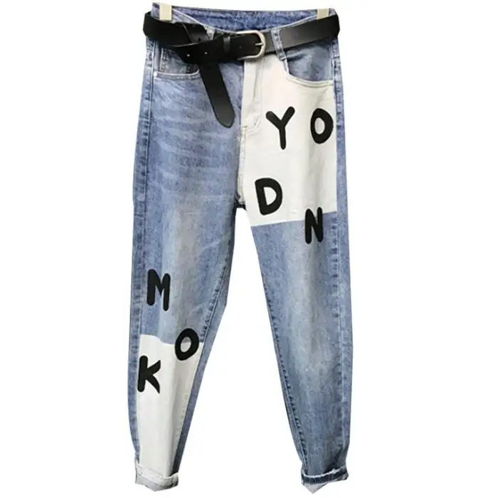 

Jeans women 2019 spring high waist loose hit color Harlan pants letters printed jeans plus size 26-31