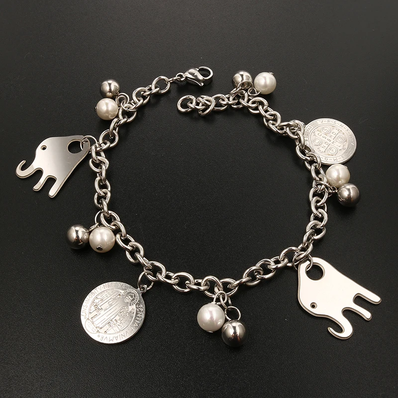

JOVO Popular Silver Color Link & Chain Bracelets for Women Girl Stainless Steel Lovely Round Elephant Tags Women Bracelets