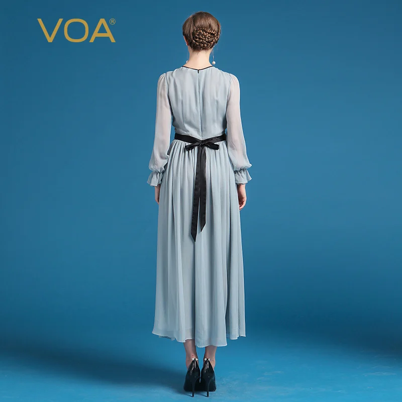 Женское длинное платье VOA из шелка и шифона с высокой талией сеткой вышивкой в