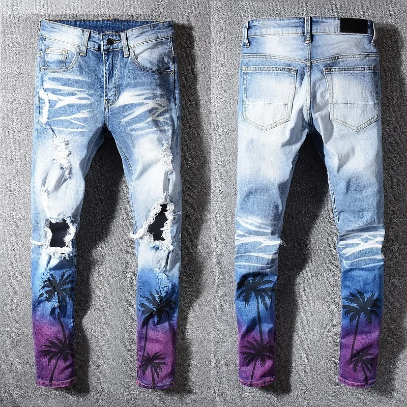 

New Italy Style #597# Men's Distressed Hollow Out Pants Art Painted Washed Blue Denim Skinny Jeans Slim Trousers Size 28-40